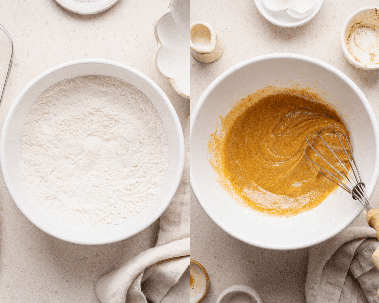 Side-by-side image of whisking dry ingredients in bowl then combining wet ingredients in separate bowl.