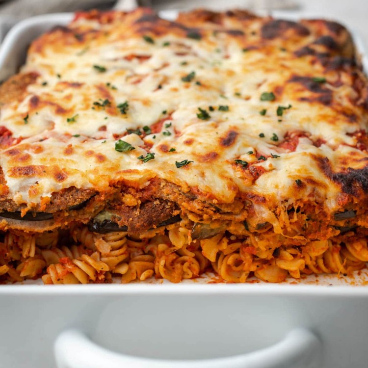 eggplant in a white casserole dish