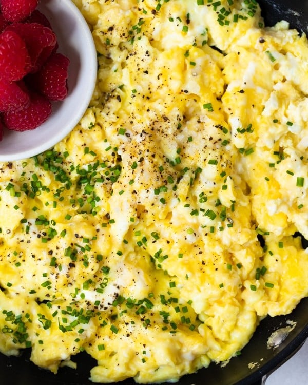 soft creamy scrambled eggs in a nonstick skillet