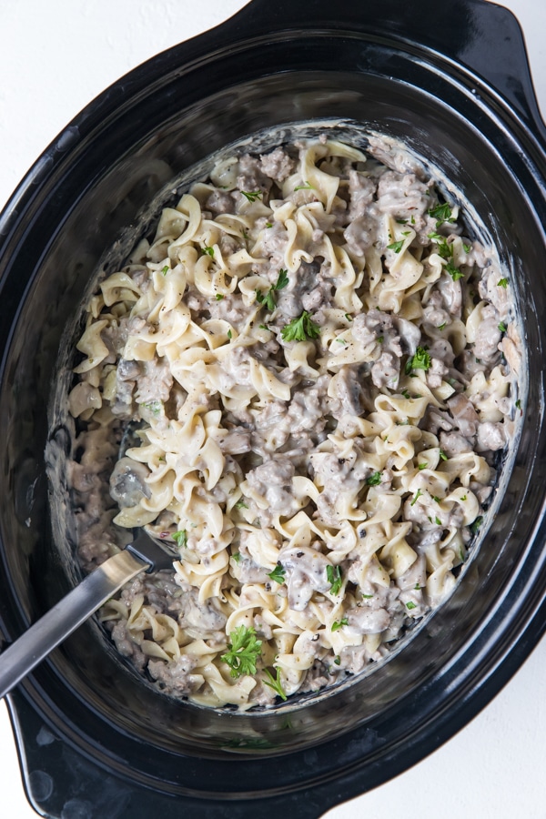 Ground Turkey Stroganoff in the crockpot garnished with parsley
