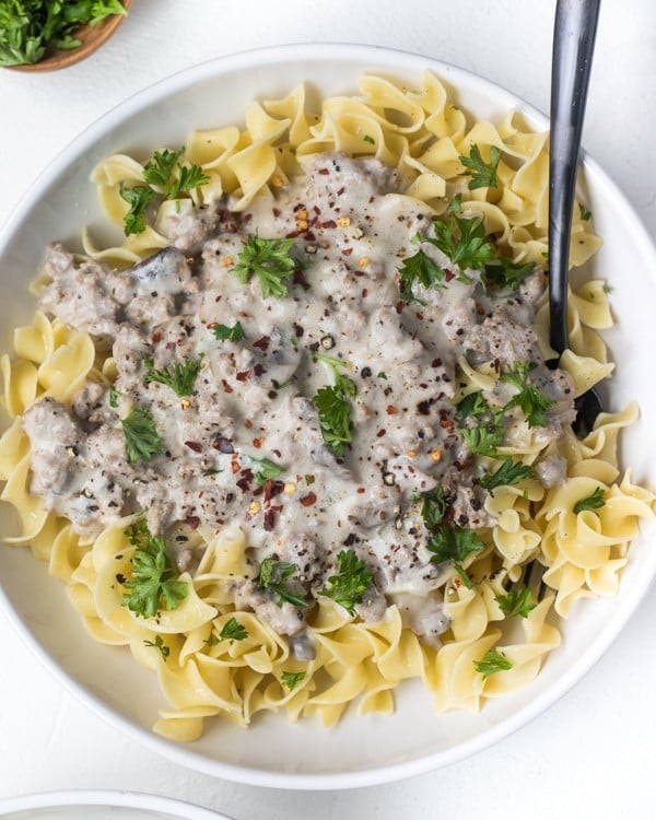 Ground Turkey Stroganoff in a white bowl