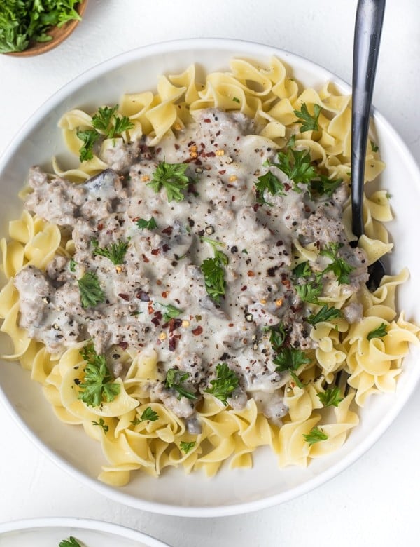 Ground Turkey Stroganoff in a white bowl