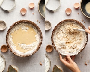 Pouring the wet ingredients into the flour mixture and gently stirring the maple scone dough together with a spatula.