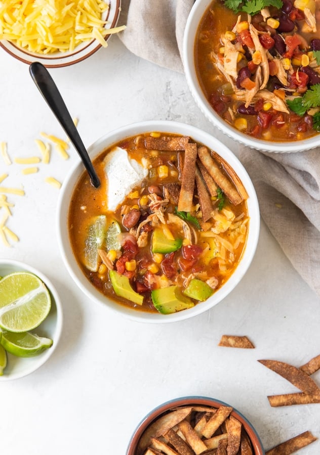 taco soup in a white bowl