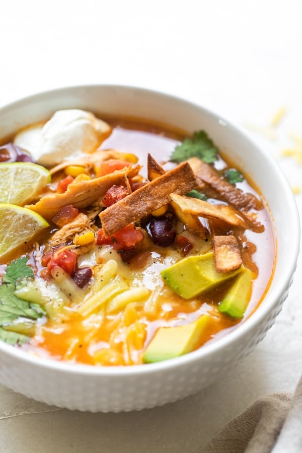 chicken taco soup in a white bowl