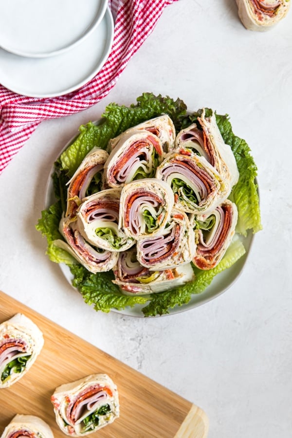 pinwheel sandwiches on a white plate