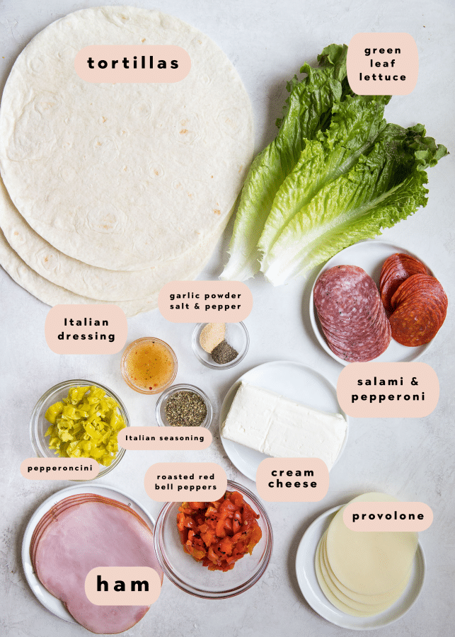 ingredients for italian pinwheels on small plates