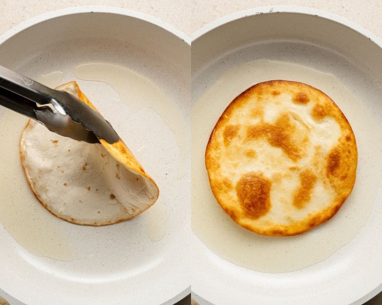 Side-by-side image showing flour tortillas being fried in a skillet with oil. On the left, tongs lift a partially fried tortilla. On the right, the tortilla is shown fully golden and crispy on one side, lying flat in the pan.