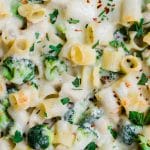 an up close photo of pasta with broccoli covered in cheese