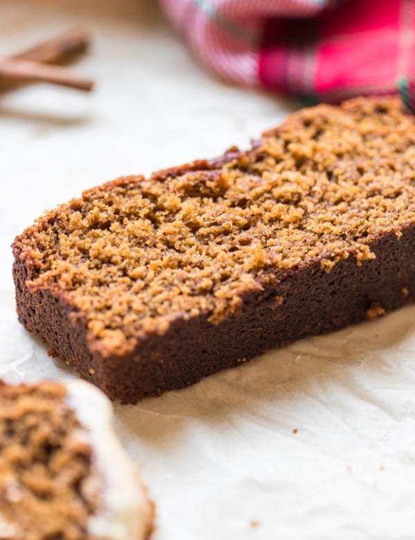 a slice of gingerbread on parchment paper