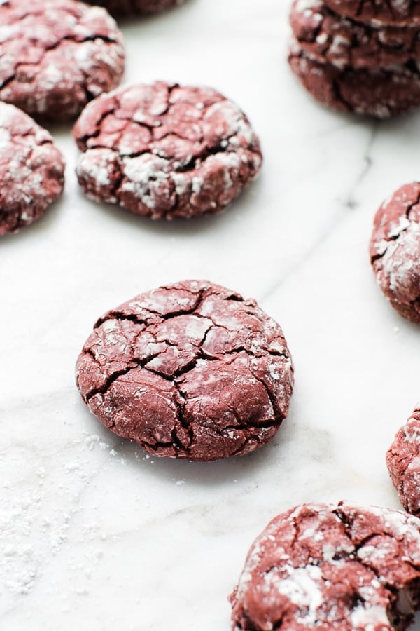 red velvet cookies on a marble slab