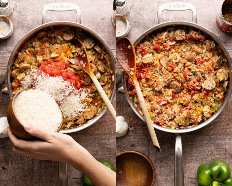 Sliced chicken sausage added to the seasoned onion and pepper mixture in a large skillet.