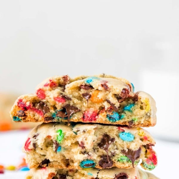 chocolate chip cookies stacked on top of each other