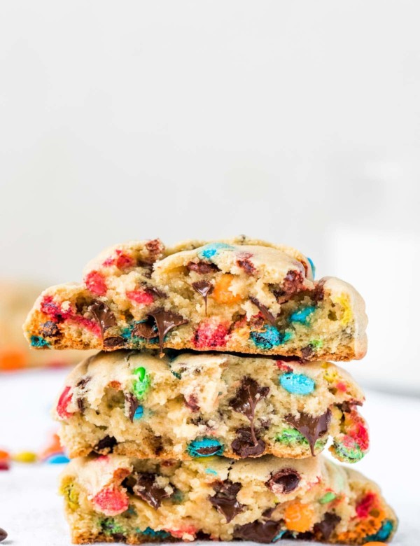 chocolate chip cookies stacked on top of each other