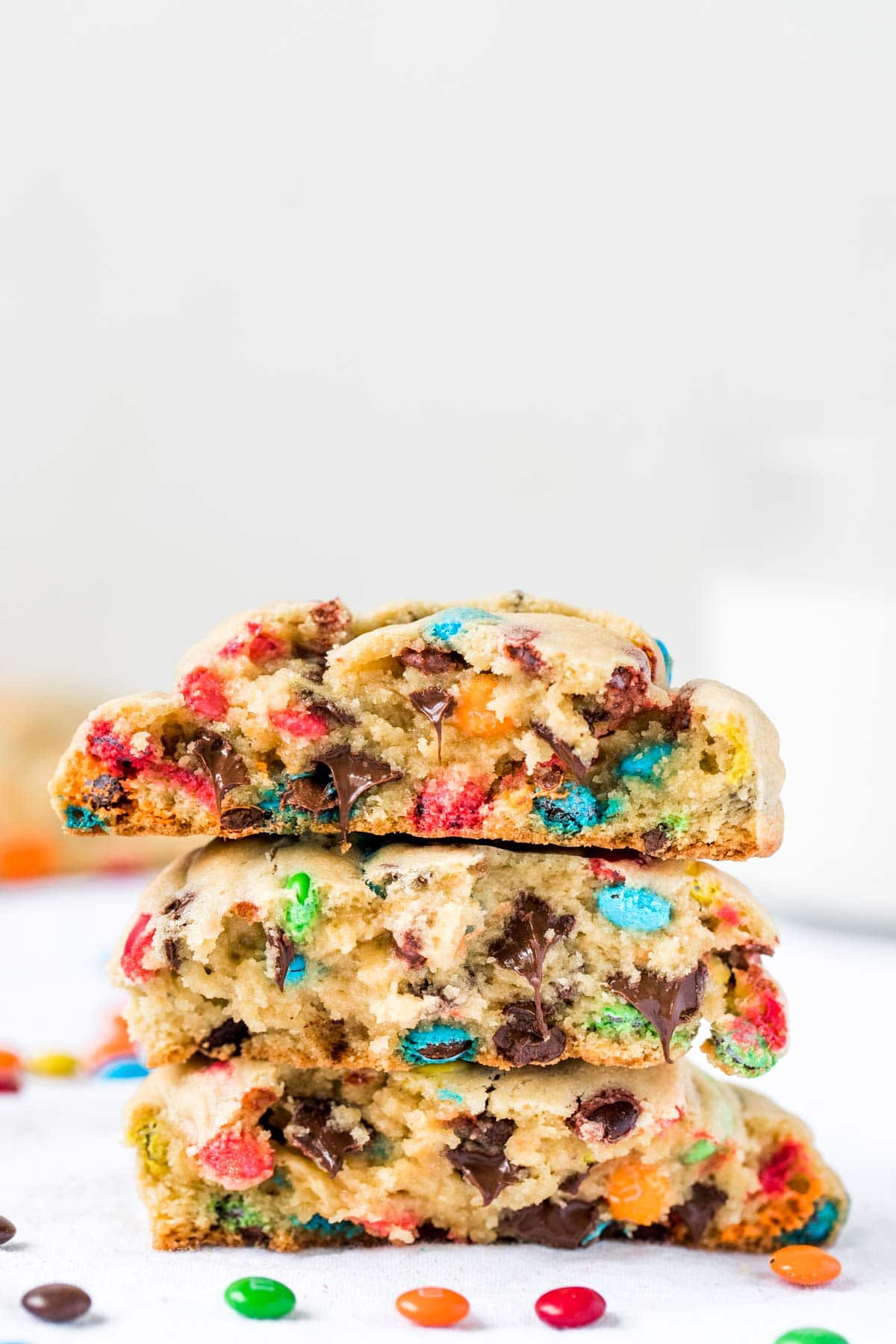 chocolate chip cookies stacked on top of each other