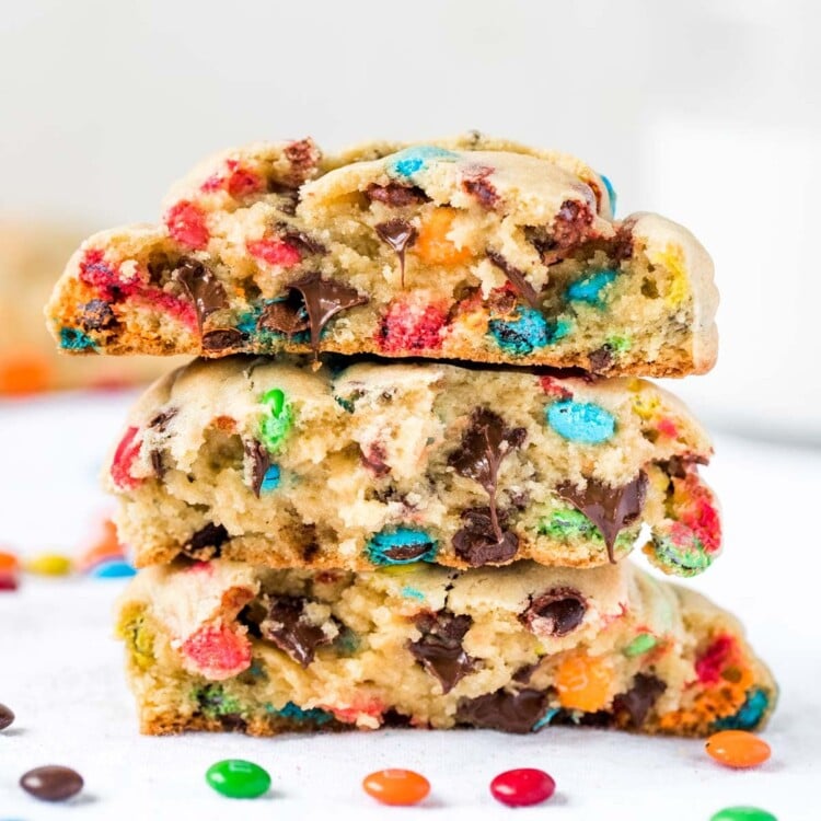 chocolate chip cookies stacked on top of each other