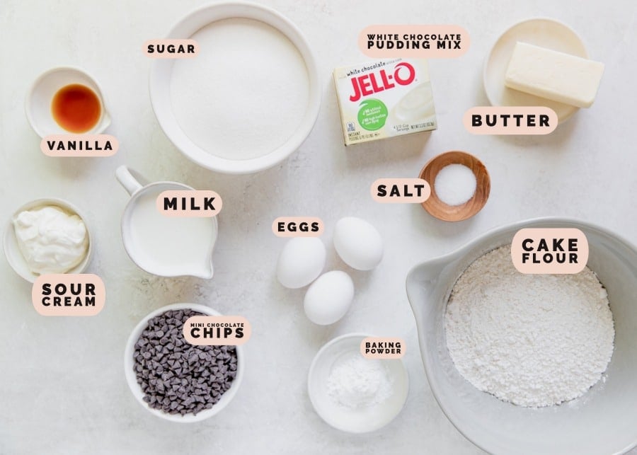ingredients needed to make a chocolate chip bundt cake