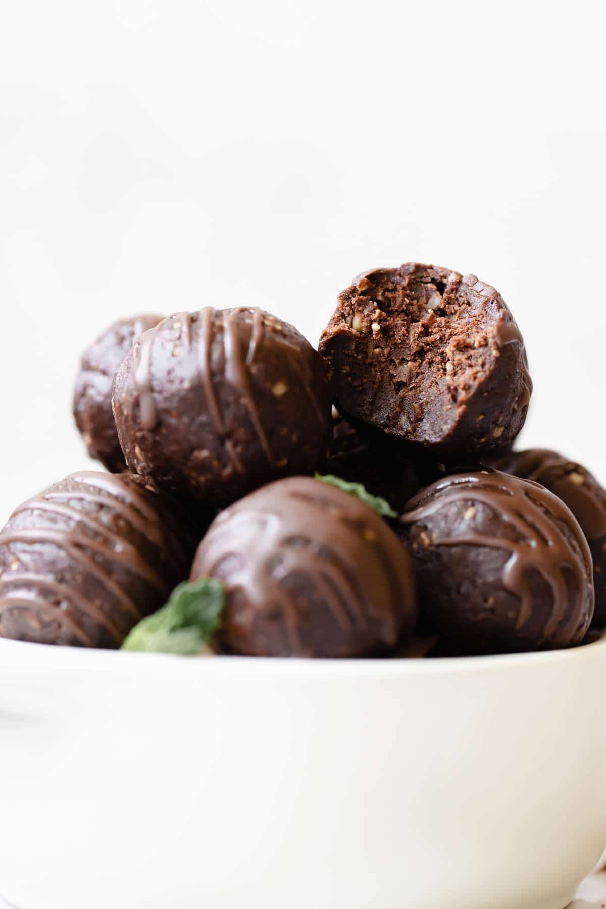 brownie energy bites in a white bowl