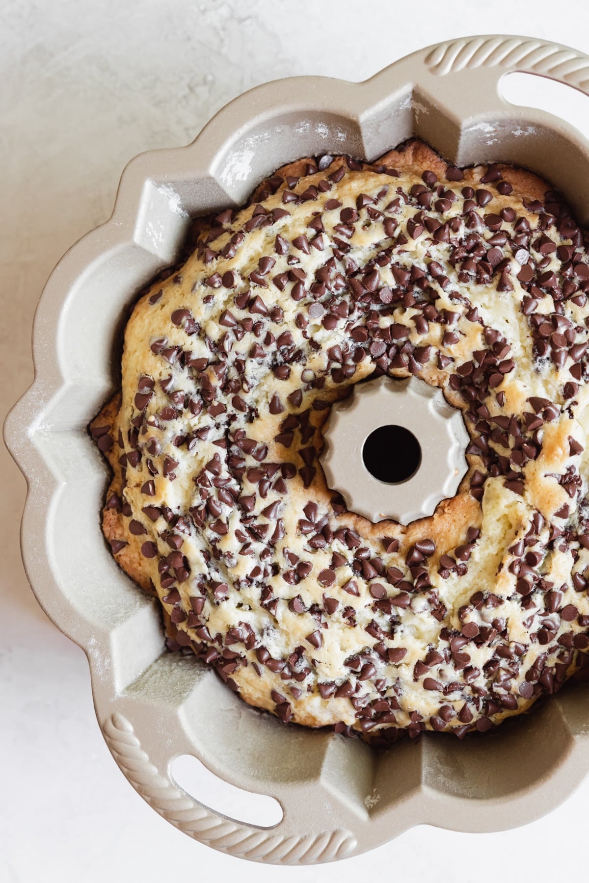 chocolate chip bundt cake in a bundt pan