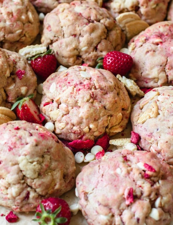 strawberry cookies on parchment paper