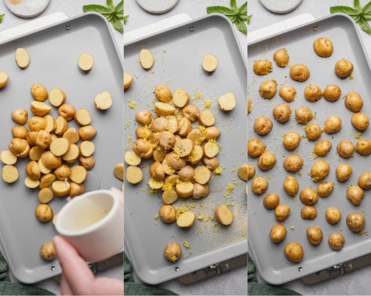 Three-step collage showing baby Yukon gold potatoes tossed with olive oil, lemon zest, garlic powder, salt, and pepper before being spread across a sheet pan for roasting.