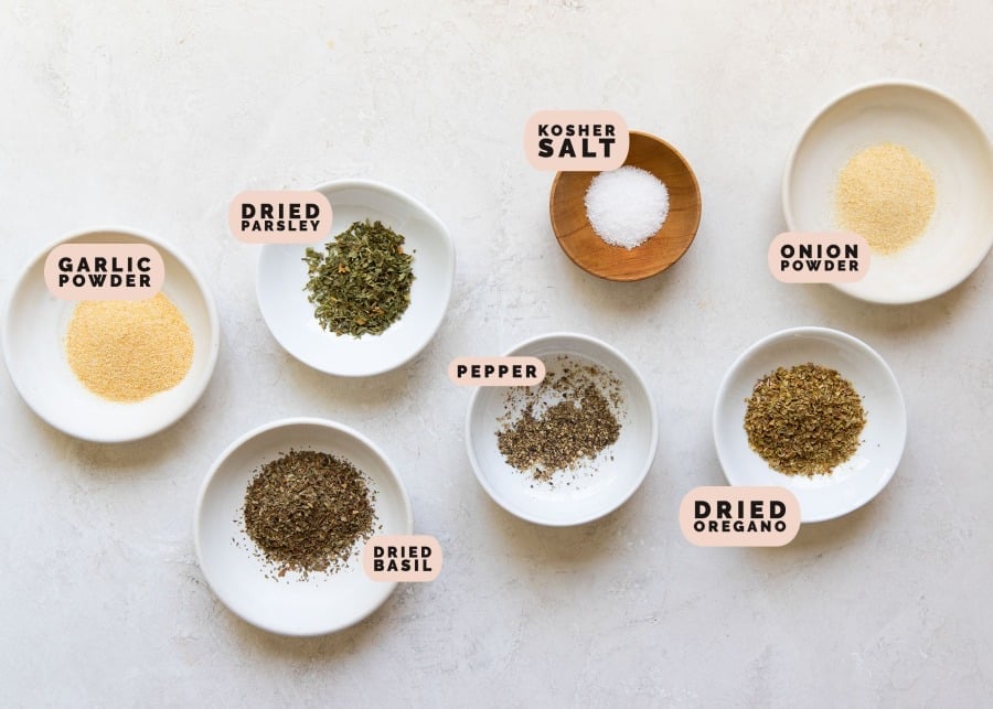 seasonings in small white dishes for salmon