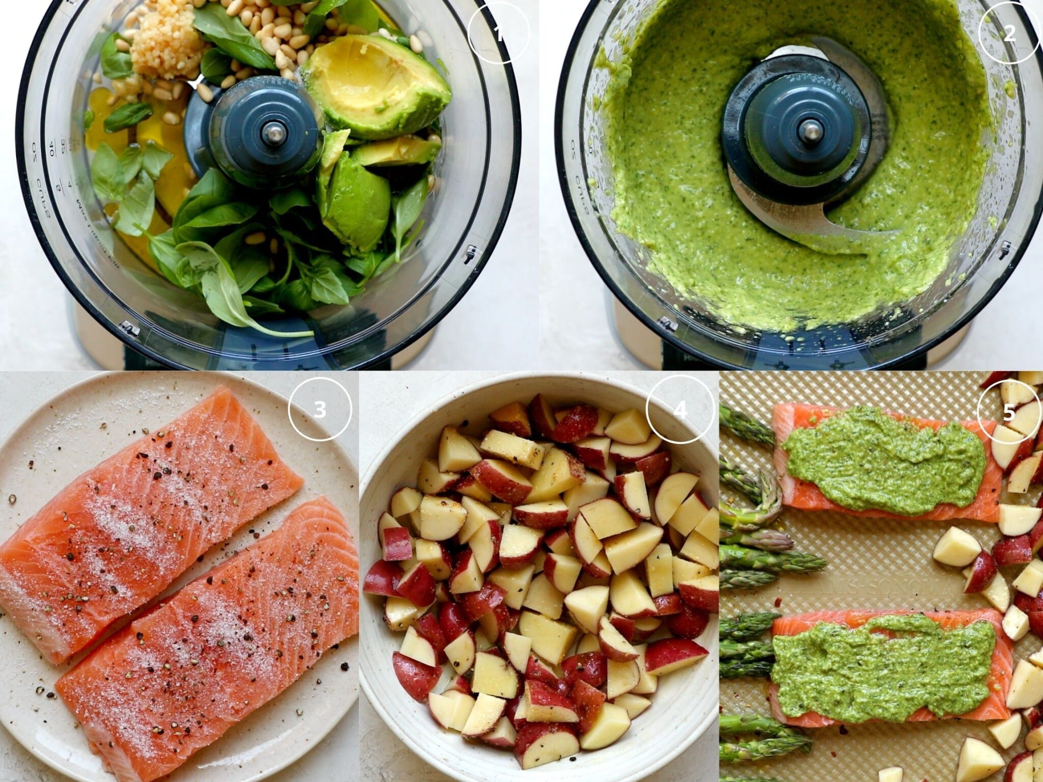 step by step photos making basil and prepping sheet pan salmon