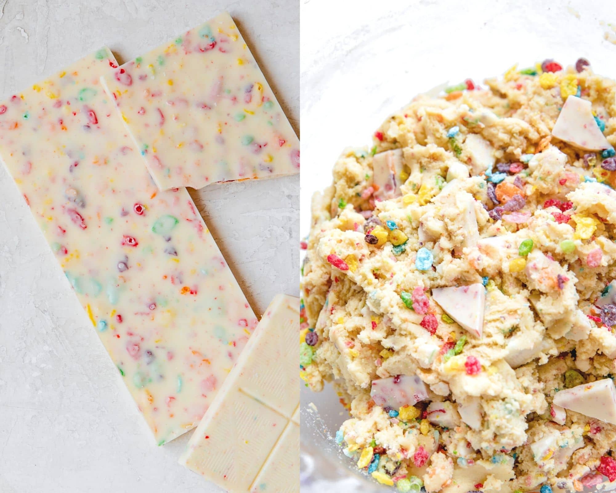 fruity pebble cookies dough and white chocolate in a bowl