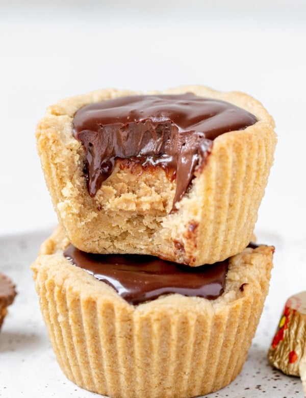 peanut butter cup cookies stacked on top of each other
