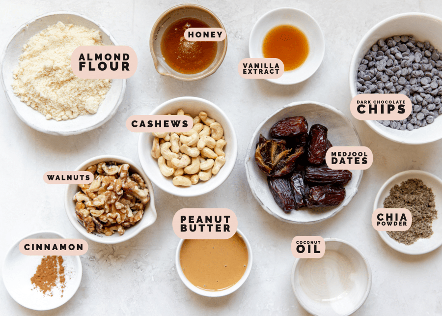 ingredients in small dishes needed to make protein bars