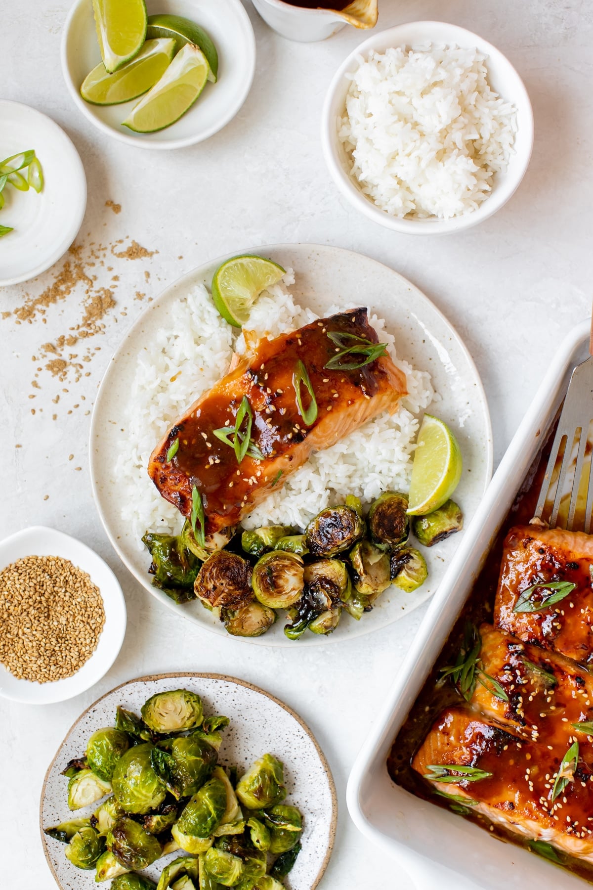 salmon on a white specked plate with roasted brussels and white rice