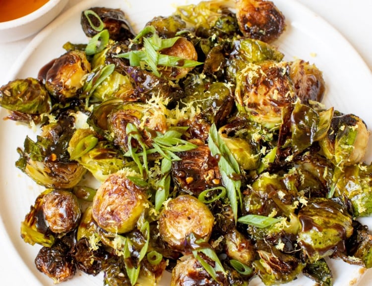 roasted brussels sprouts on a white plate