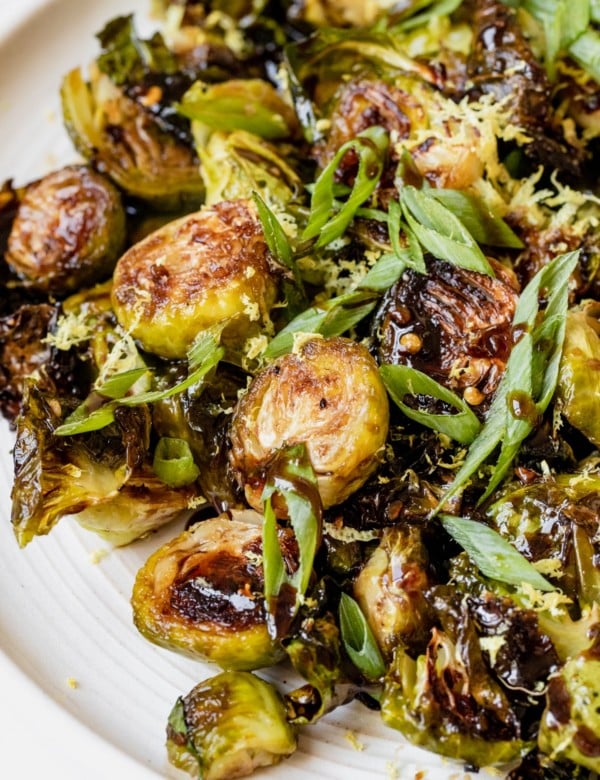 roasted brussels sprouts on a white plate