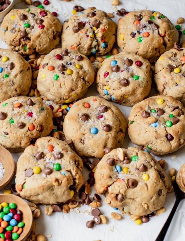 peanut butter cookies made with m&ms and chocolate