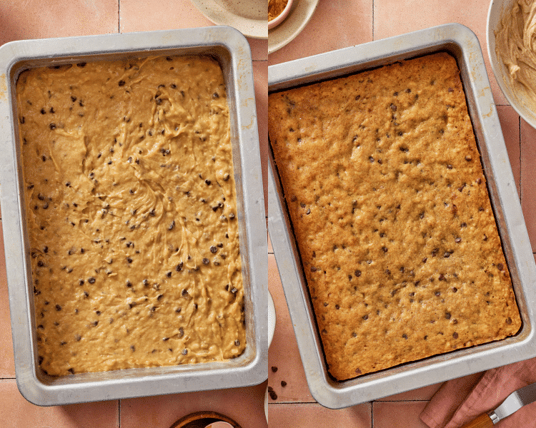 Side-by-side image of pouring the batter into a 9x13 pan and baking for 23-25 minutes.