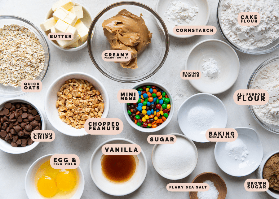 ingredients to make cookies in small glass bowls