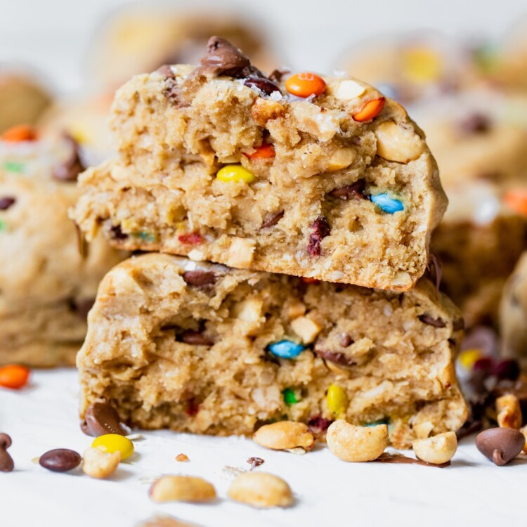 an up close photo of the inside of a peanut butter monster cookie