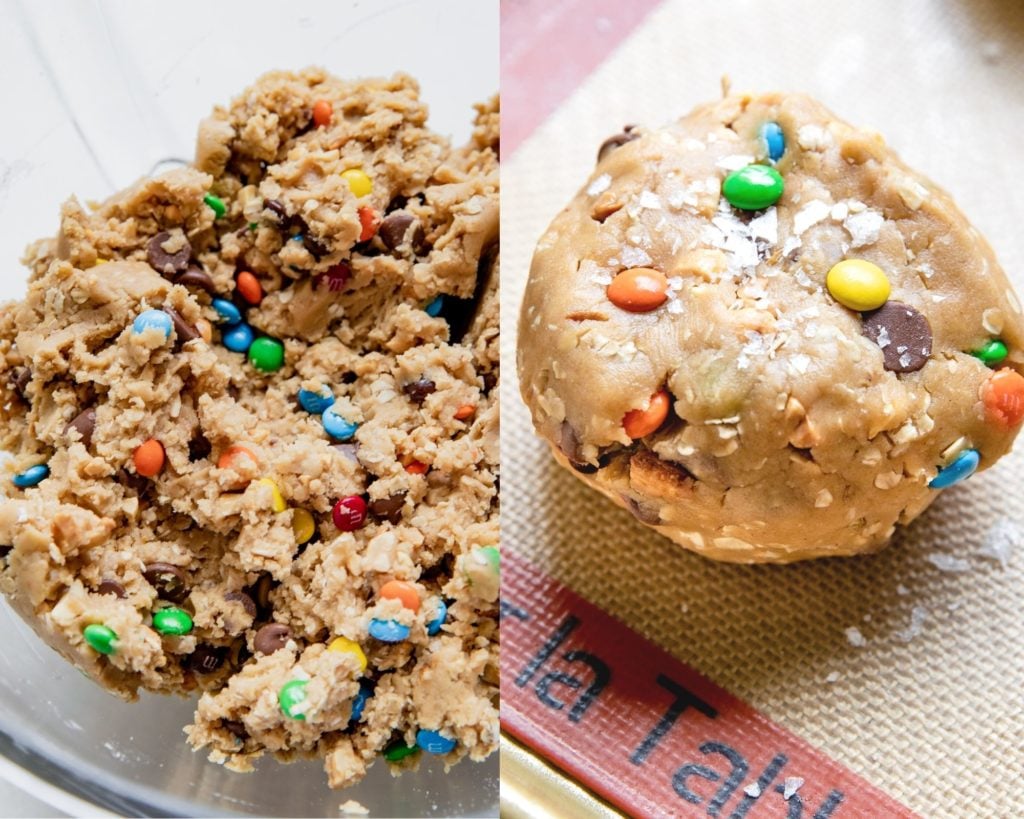 cookie dough on a baking sheet with salt on top