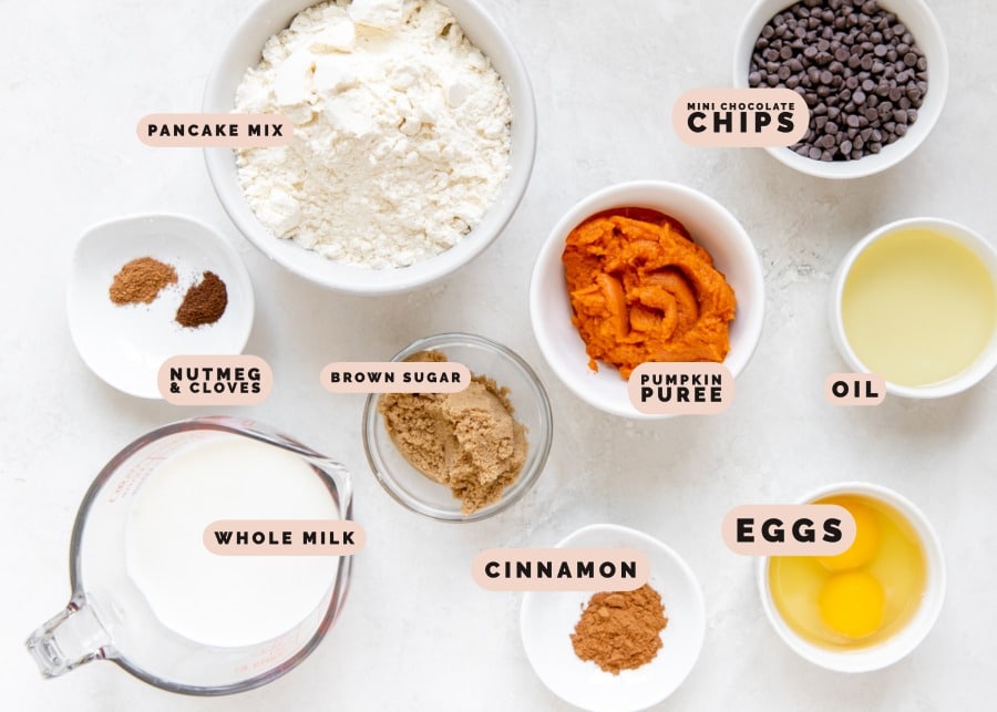ingredients to make pumpkin pancakes in small glass dishes