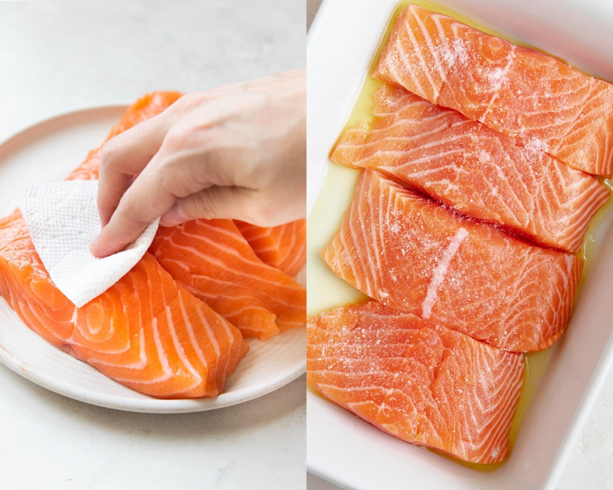 salmon on a white plate with a womans hand blotting salmon dry with a paper towel and salmon in a white baking dish with salt on top