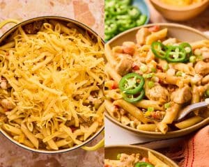 Left side image shows a dutch oven pot full of pasta topped with shredded cheese. Right side image shows this same pasta in a bowl topped with sliced jalapeno.