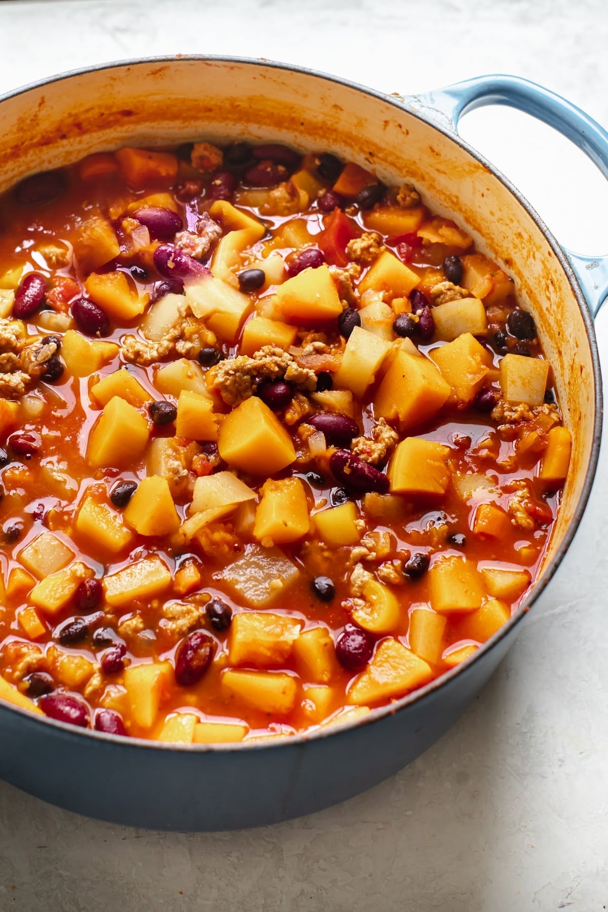 butternut squash chili in a big dutch oven pot
