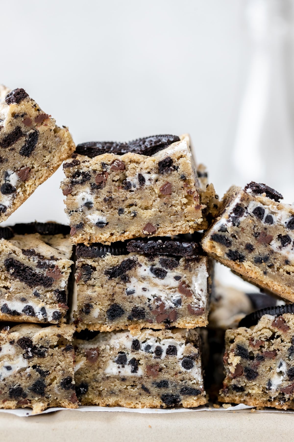 a stack of cookies and cream Oreo bars