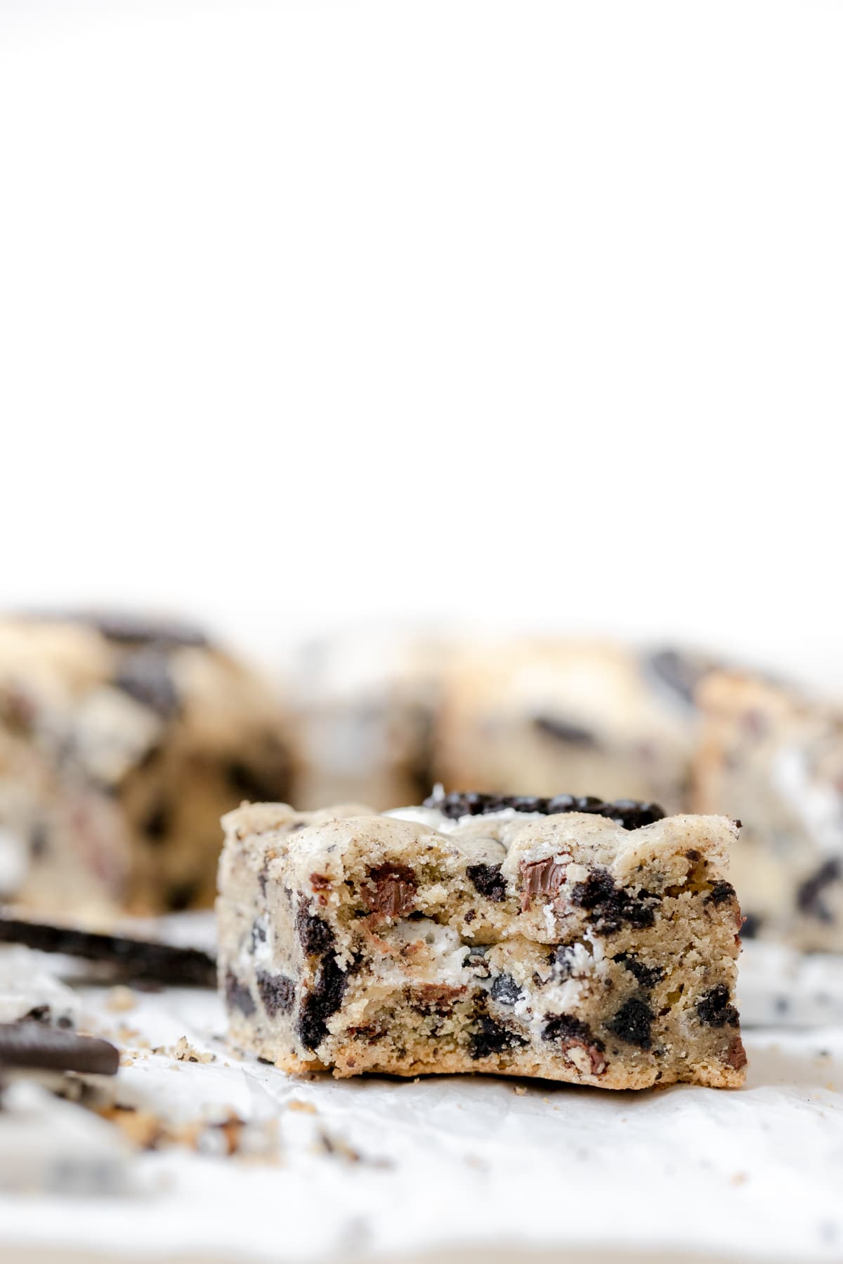 a bite taken from a cookies and cream bar