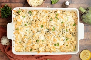 spinach artichoke pasta in 9x13 dish