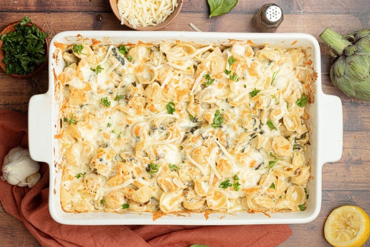 spinach artichoke pasta in 9x13 dish