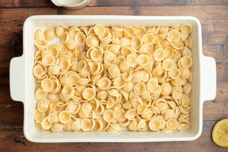 boiled pasta added to 9x13 pan