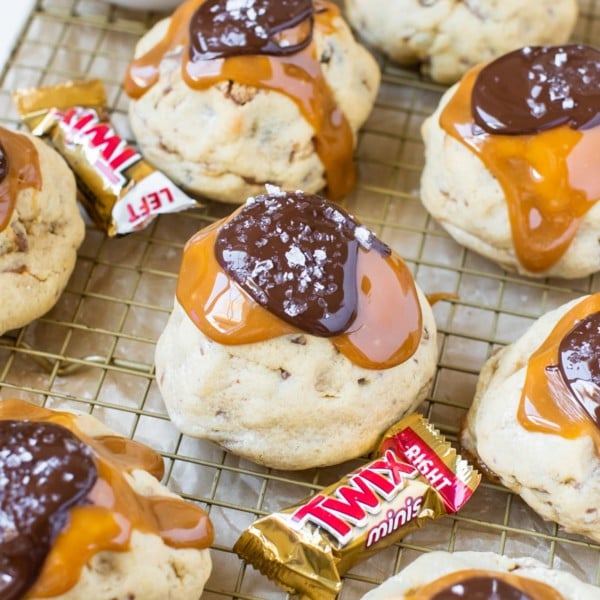 cookies topped with chocolate, caramel and sea salt