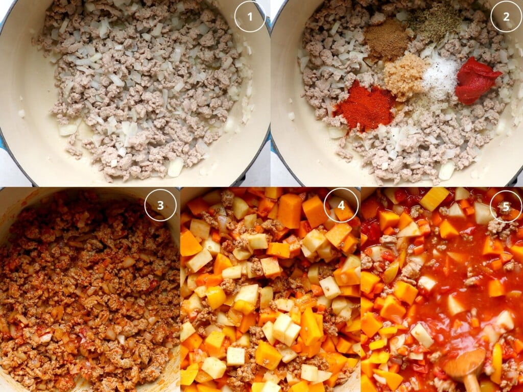 step by step photos of making chili in a dutch oven