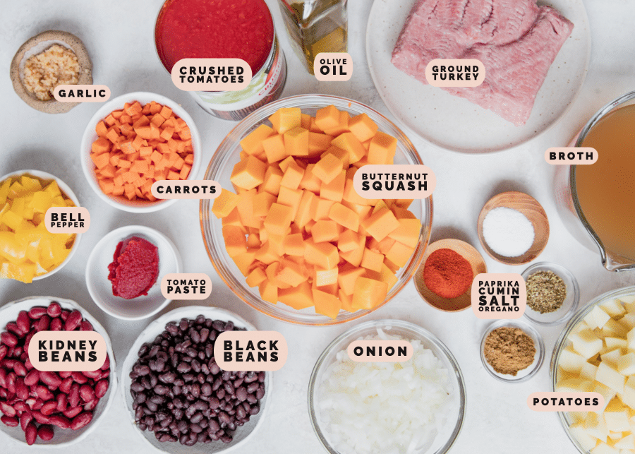 ingredients to make chili in small glass bowls